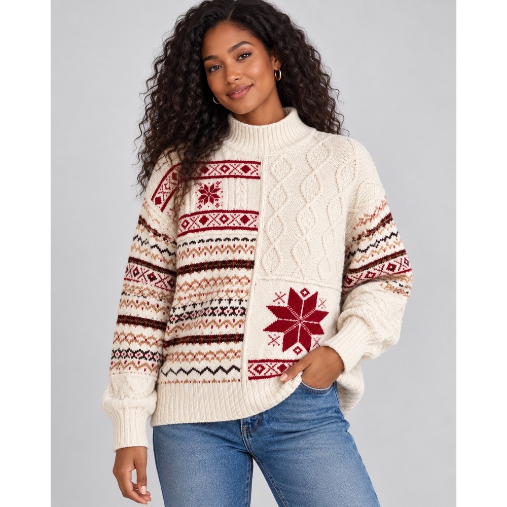 American Eagle Patchwork Fair Isle Cable Knit Mock Neck Sweater Cream Red Small